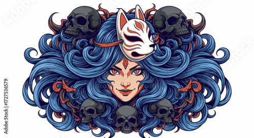 A stylized portrait of a woman with vibrant blue hair, a fox mask, and surrounded by skulls.