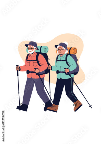 An adventurous elderly couple hiking together with trekking poles.