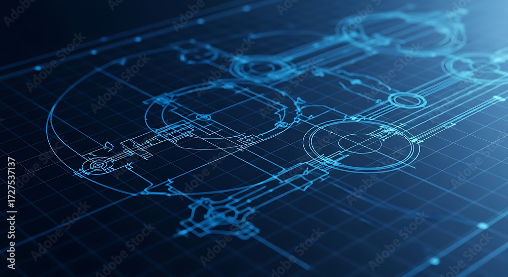 Fototapeta Mechanical Engineering Blueprint with Complex Technical Drafting Schematics on Glowing Blue Grid, Industrial Design Modeling and Precision Architectural Drawing Concept