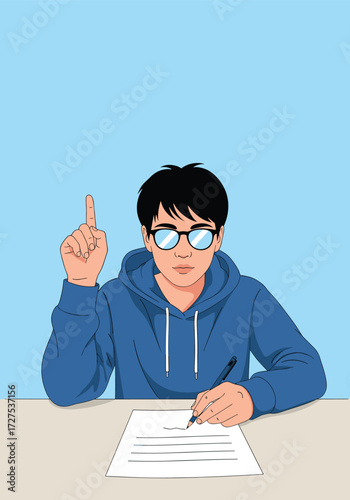 A student with glasses raises his finger while writing on a test paper.