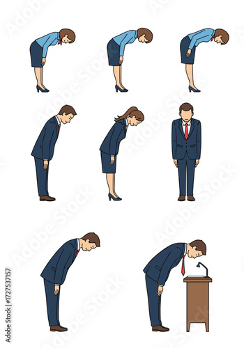 Business people bowing in different positions and scenarios.