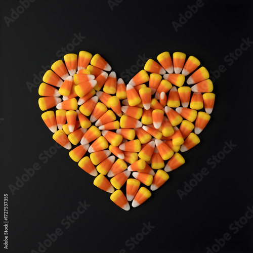 A heart shape made of candy corn on a black background, the candy corn pieces are arranged closely together to form the heart