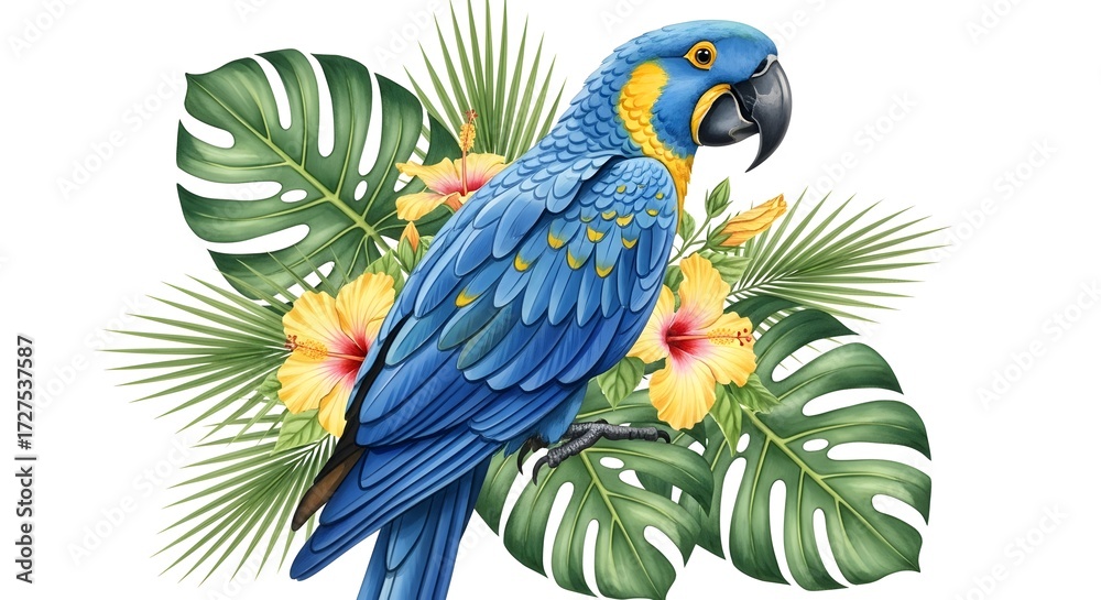 Fototapeta premium Vibrant blue and yellow macaw parrot perched amongst lush tropical leaves and bright yellow hibiscus flowers isolated on white background