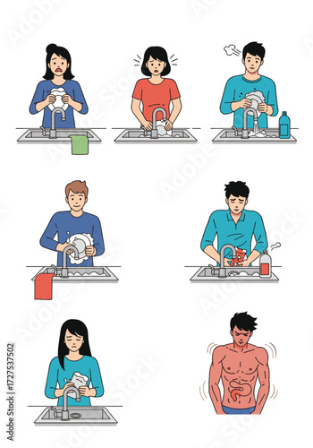 Different people washing dishes with various expressions and outcomes.