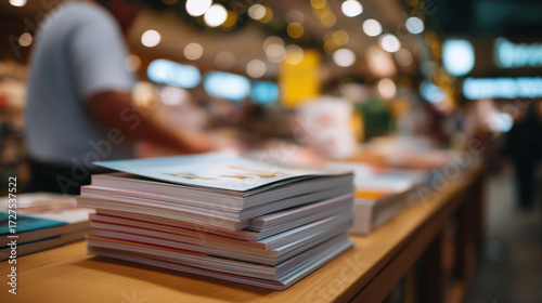 A bookseller recommends holiday reads in a store books fanned out customers listening bokeh from shelves adding depth knowledgeable winter promotion task with copy space