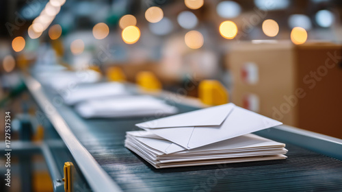 A mail sorter organizes holiday cards in a facility envelopes stamped and sorted conveyor belts moving bokeh from label printers adding efficiency efficient winter postal