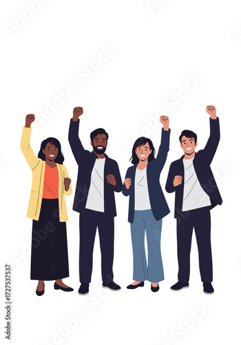 A diverse group of people raising their fists in a demonstration of unity and solidarity.