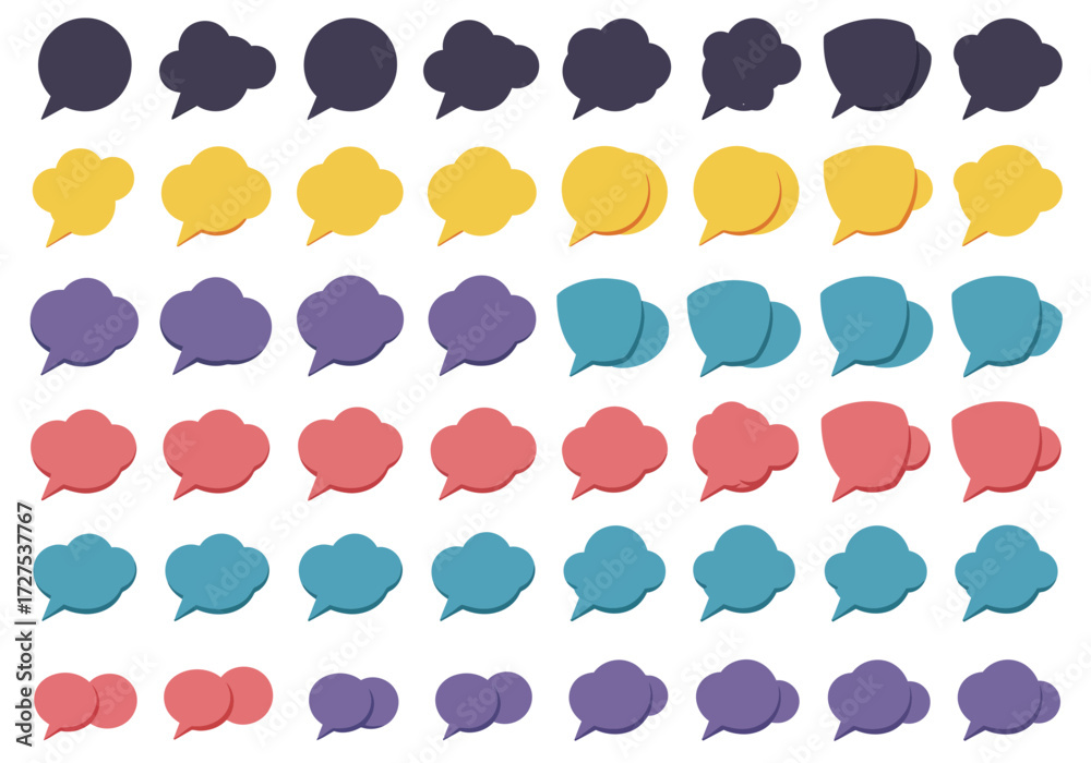 Fototapeta premium Rows of stylized multicolored speech and thought bubbles on a white background