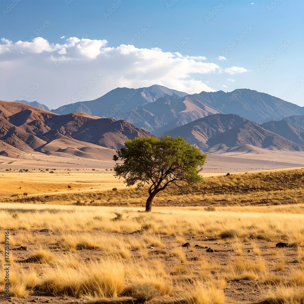 Fototapeta premium Solitary tree in a vast, dry grassland under a clear sky, with mountains in the background