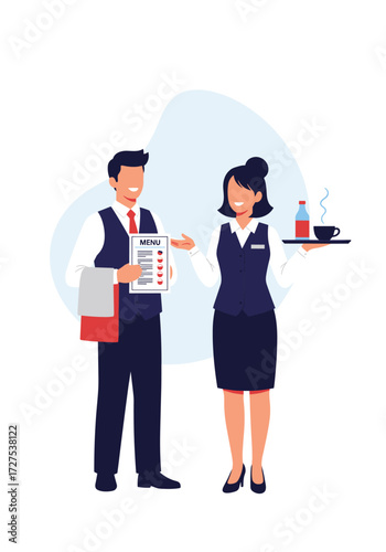 Two waiters are working at a restaurant together and providing service.