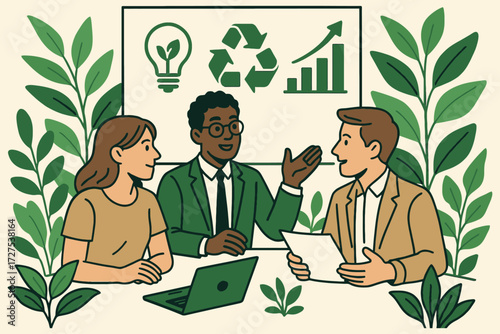 Diverse team discusses environmental sustainability and business growth with eco friendly symbols on a whiteboard