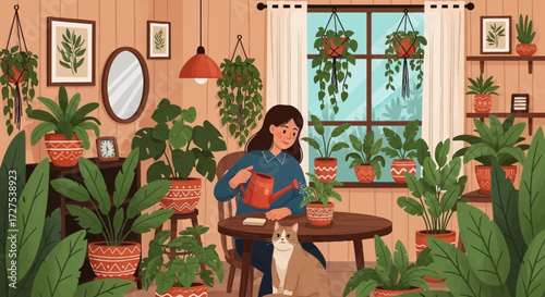 A woman waters her collection of lush indoor plants in a cozy room, with a cat sitting nearby