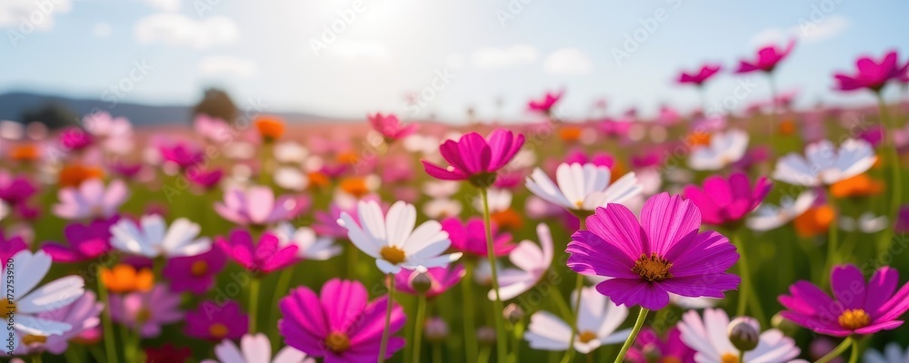 Fototapeta premium Vibrant cosmos flowers sway gently in a breathtaking field, bathed in warm sunlight. Petals in shades of pink, purple, and white create a stunning natural tape, photography, image