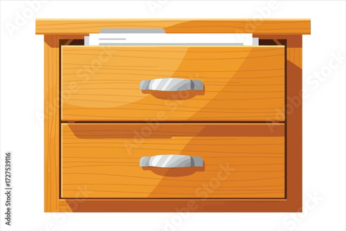 Illustration of a wooden nightstand with two drawers and a piece of paper sticking out of the top, the nightstand is made of wood