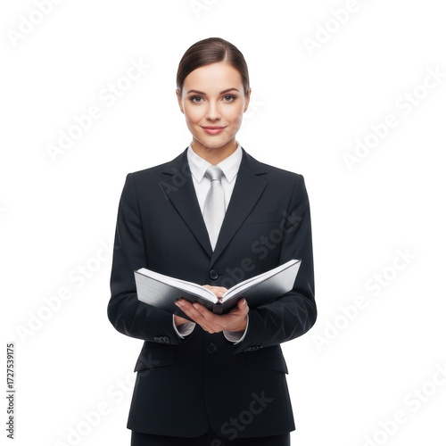 Professional businesswoman in a suit holding an open book isolated on transparent background