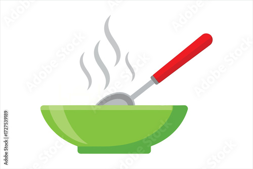 Illustration of a bowl of soup with a spoon in it, the soup is steaming, indicating it is hot and ready to eat