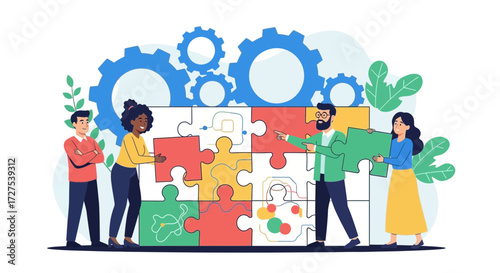 A diverse group of people works together to assemble a large, colorful puzzle with gears in the background, symbolizing teamwork and problemsolving