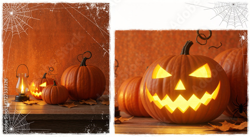 A Halloween photo collage of glowing jack-o'-lanterns, whole pumpkins, and an old lantern on a rustic wooden table