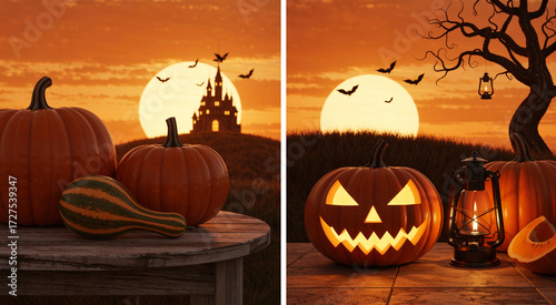 A Halloween photo collage of a haunted castle and pumpkins under a fiery moonlit sunset sky