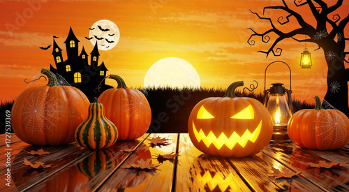 Spooky Halloween night with a glowing jack-o'-lantern, pumpkins, and a haunted castle silhouette