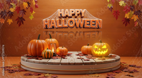 Happy halloween background with pumpkins, glowing jack-o'-lantern, and leaves