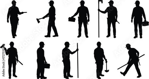 Construction worker silhouettes holding tools, industrial labor men, builder safety helmet, teamwork occupation, hard work, construction industry professional vector illustration