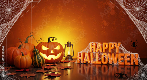 Spooky 'Happy Halloween' 3D text covered in cobwebs with glowing Jack-o'-lanterns and gourds