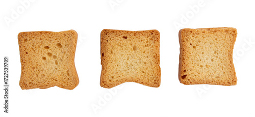 whole wheat mini toasts, toasted slices of bread or rusks isolated on white background, top view