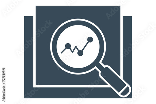 Vector art of a magnifying glass over a graph showing an upward trend the graph is inside a square and the magnifying glass is on the right