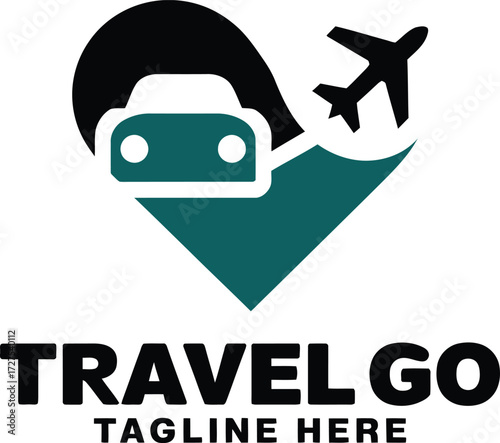 Travel go logo design with car airplane and heart shape for adventure journeys