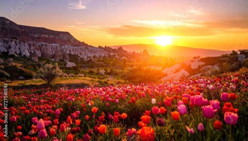 Colorful tulip field at sunset. Mountain landscape with vibrant blossoms