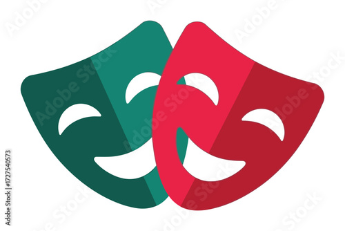 Vector art of two theatrical masks, one green and one red, representing comedy and tragedy, symbol of drama, acting, and performance arts