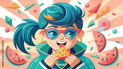 Happy girl with blue hair eating a cookie surrounded by watermelon slices and candy