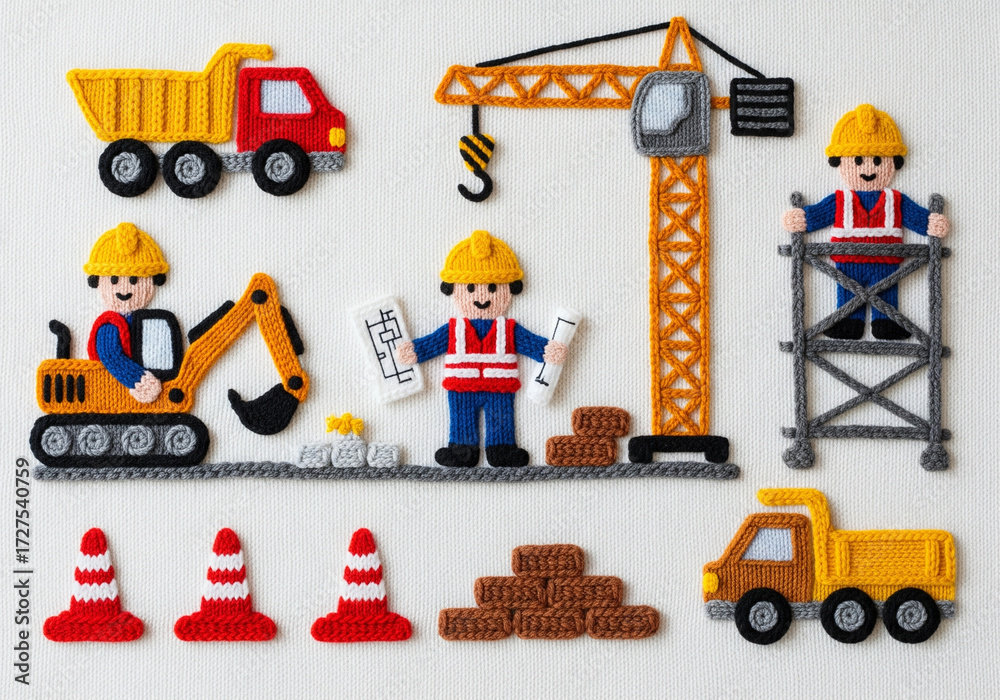 Fototapeta premium Construction Site Scene with Vehicles, Workers, and Building Materials, Vibrant and Whimsical Style