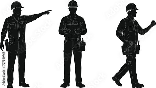 Construction workers silhouettes, hard hat safety, building site teamwork, industrial labor force, construction management
