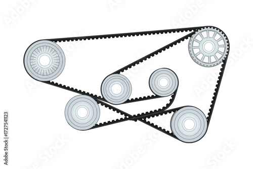 Vector art of timing belt system with multiple pulleys, used in engines to synchronize the rotation of the crankshaft and camshaft