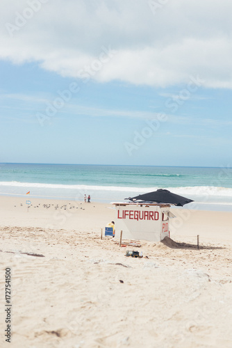lifeguard stand on ocean beach, costa de caparica, portugal