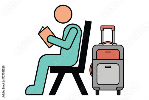 Vector art of a person sitting on a chair reading a book next to a suitcase, , representing travel, waiting, and leisure in a minimalist style