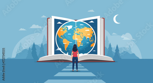 A young woman stands on a path leading towards a giant open book displaying a vibrant globe, symbolizing the journey of learning and exploring the worlds knowledge under a crescent moon