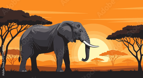 A majestic african elephant stands tall against a vibrant sunset in the savanna, with silhouetted acacia trees framing the scene