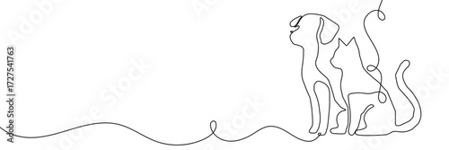 Dog cat line pet art logo animal outline puppy continuous illustration. Sketch dog cat line icon vector love doodle silhouette paw drawing kitten background linear design one sit graphic stroke vet