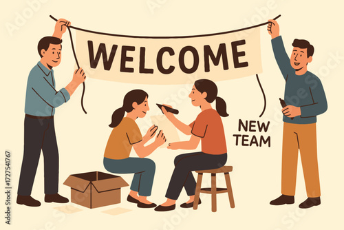 Diverse team members enthusiastically welcome new colleagues with a hand painted banner and a cardboard box