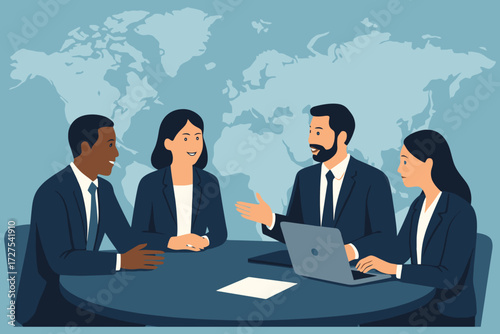 Diverse business professionals collaborating around a table with a laptop and world map background