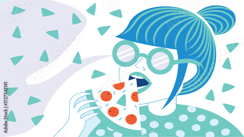 Stylized illustration of a young woman wearing glasses eating pizza