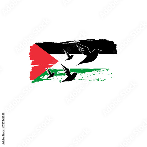 Palestine flag with flying birds, hope and freedom concept, peace symbol, patriotic design for national day, remembrance, and solidarity events