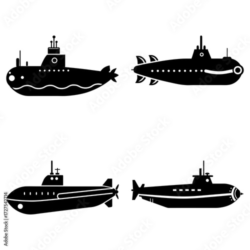 Four submarine silhouettes in black and white showing different designs and orientations afloat on water