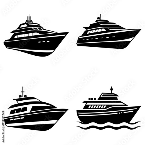 Four yacht silhouettes showcase different designs and styles for luxury sea travel and leisure crafts