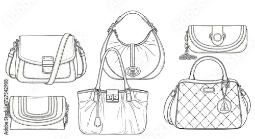 A collection of five distinct handbag sketches, showcasing various styles from elegant clutches to practical shoulder bags and a quilted tote, all presented as line art on a white background