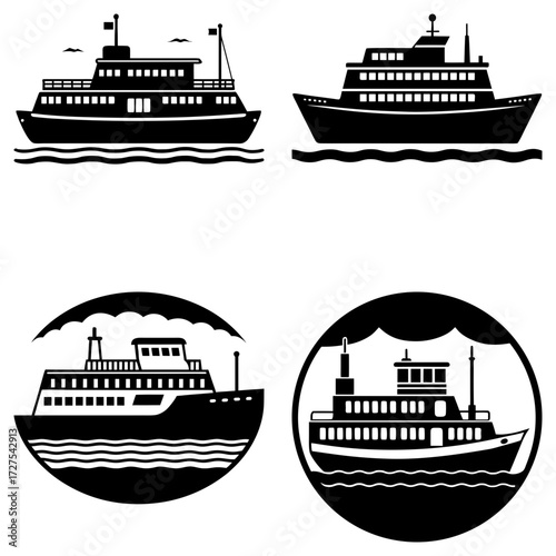 Illustration showing four ferry boat silhouettes on water in various graphic arrangements and styles