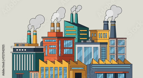 A vibrant illustration depicts a cluster of colorful industrial factory buildings with smoke billowing from their chimneys against a neutral background